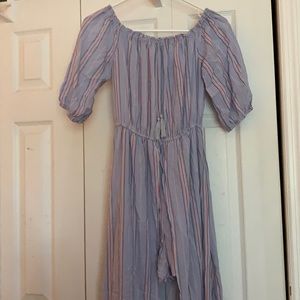 EUC M blue striped romper with skirt overlay